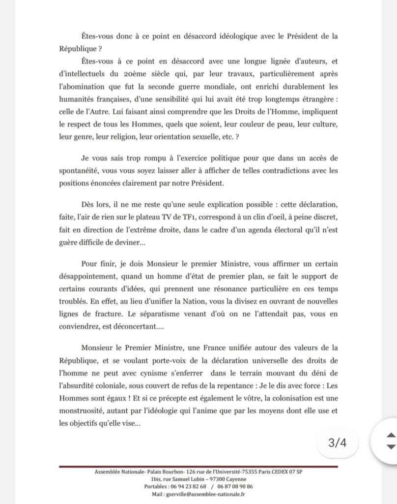 Le député de la Guyane Gabriel Serville a dénoncé les propos du Premier ministre qui a déclaré en substance qu’il en avait assez qu’on lui ressorte les méfaits du colonialisme pour justifier l’islamisme radical. 